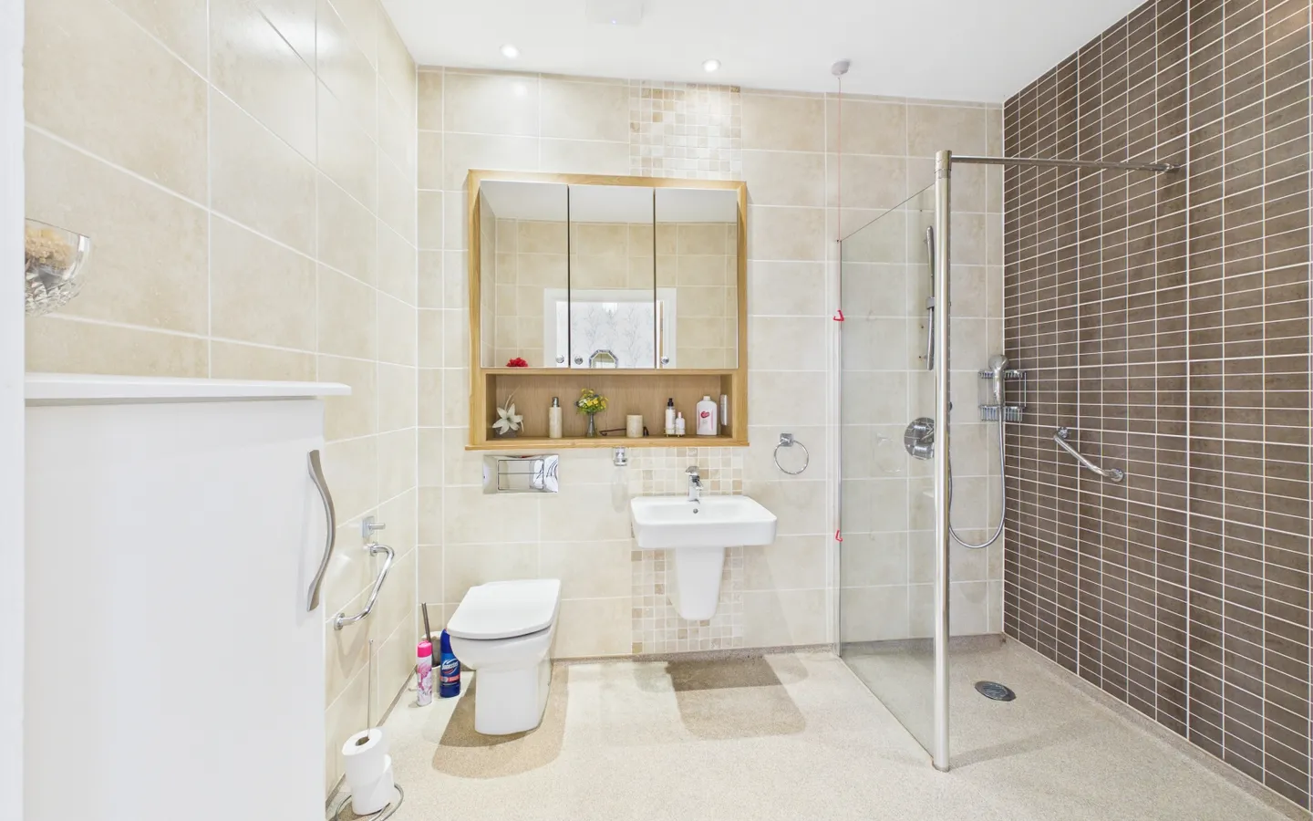 Shower room in Apartment 19 Boughton Hall with walk in shower.