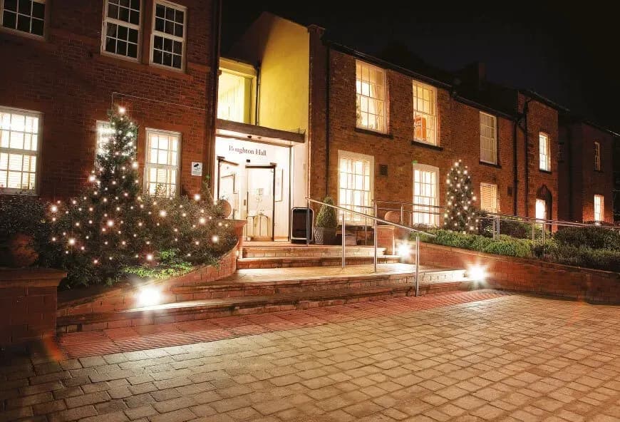 Boughton Hall entrance with Christmas lights