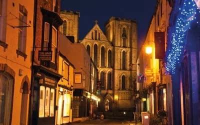 Buildings with blue christmas lights