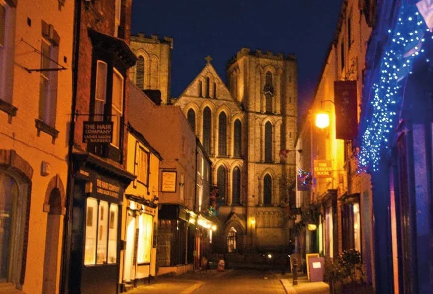 Buildings with blue christmas lights