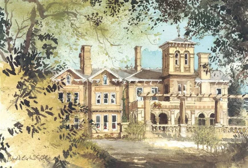 Watercolour illustration of Mount Battenhall historic mansion in Worcester surrounded by trees and landscaped grounds.