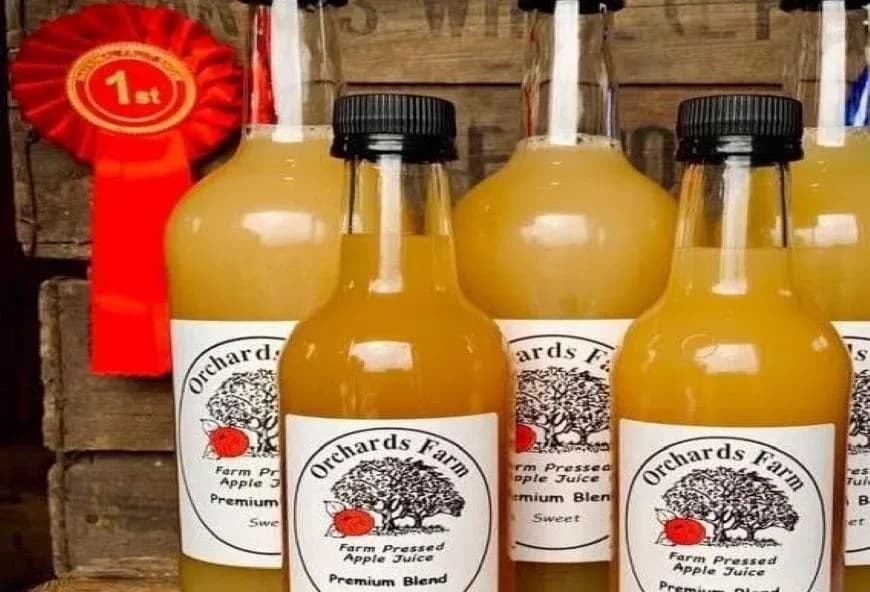 Orchards Farm apple juice bottles