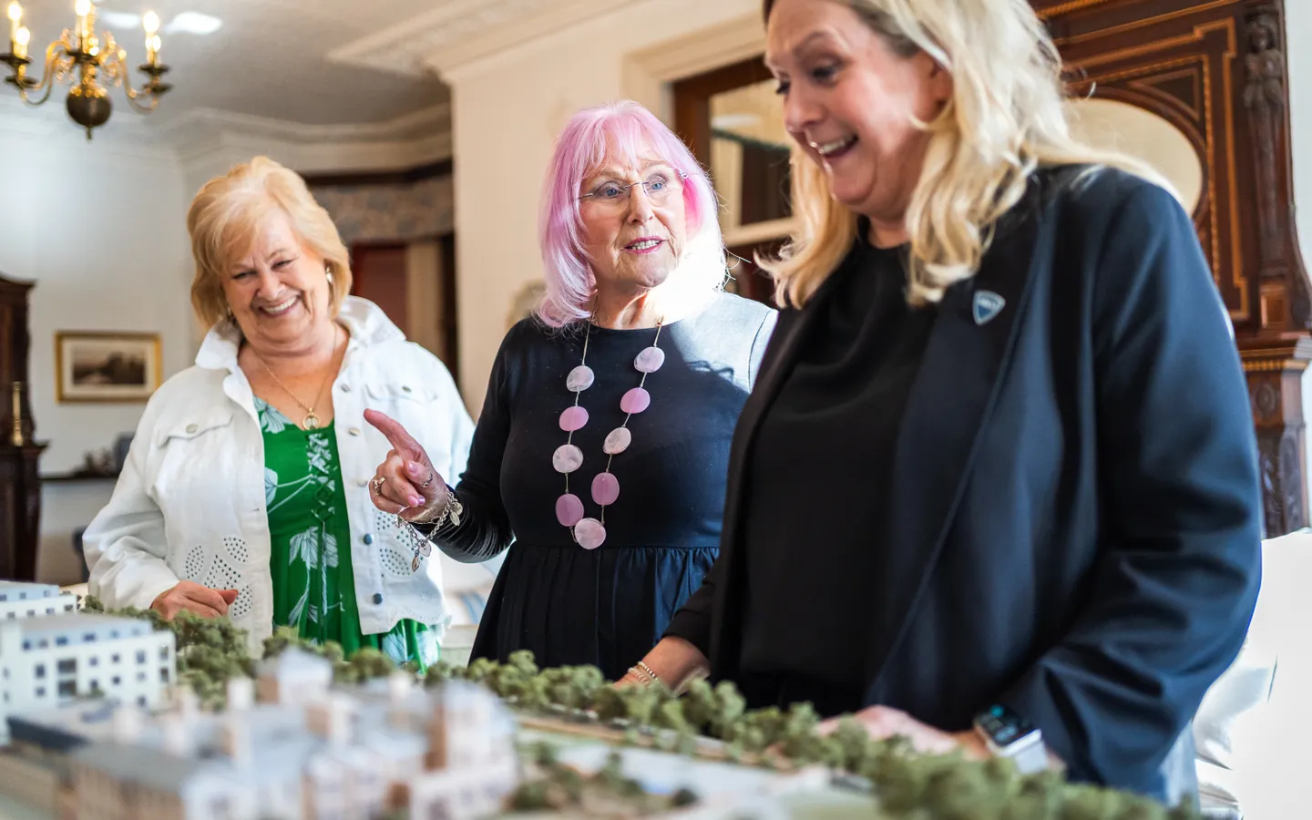 Staff at Mount Battenhall showing residents the site plan